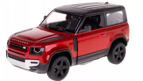 Red diecast Land Rover Defender toy SUV with open doors, 1:36 scale, front view.