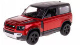 Red diecast Land Rover Defender toy SUV with open doors, 1:36 scale, front view.
