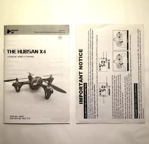 Hubsan X4 drone instruction manual booklet with diagrams and warning notice