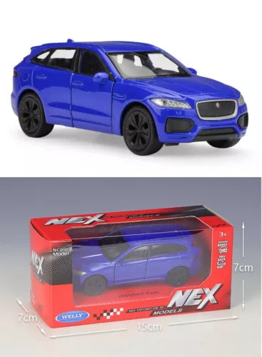 Blue alloy diecast SUV model car, front view, in NEX scale display box