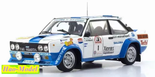 Blue and white Fiat 131 Abarth diecast model car, front three-quarter view, detailed decals