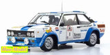 Blue and white Fiat 131 Abarth diecast model car, front three-quarter view, detailed decals