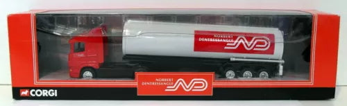 Diecast food tanker model with red Scania cab and Norbert Dentressangle logo in box