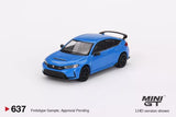 MINI GT 1:64 diecast model car, blue hatchback in front 3/4 view