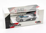 1:64 scale silver racing sports diecast car model in retail display box
