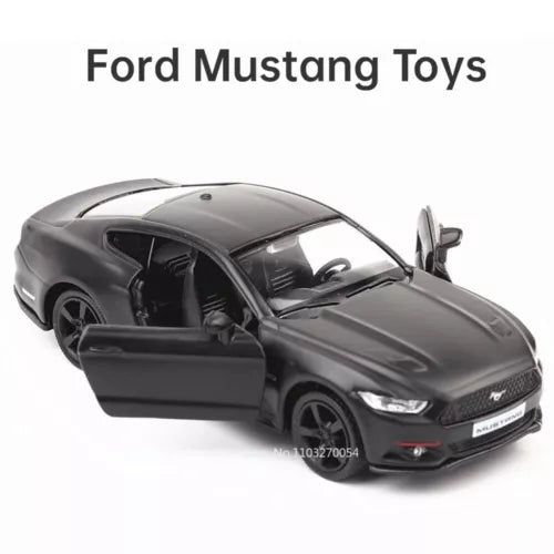 Diecast model car of a gray Ford Mustang with front door open, rubber tires