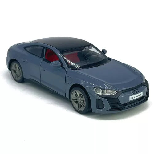 Gray diecast model car with sporty coupe body and front LED lights