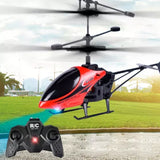 Red and black RC helicopter drone with glowing lights and handheld remote control