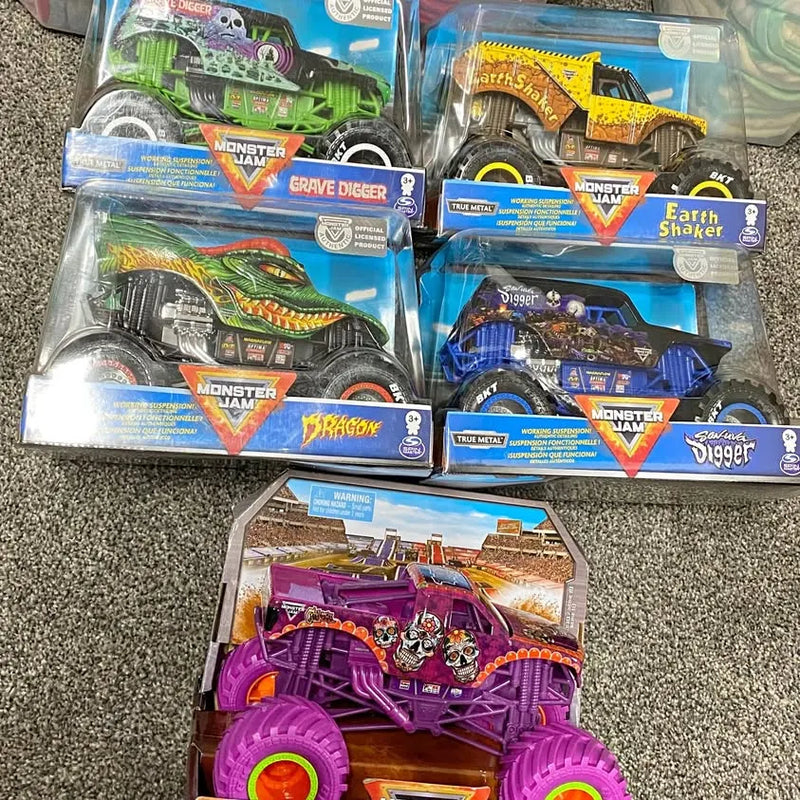 Monster Jam diecast monster trucks set of 5 in colorful blister packaging