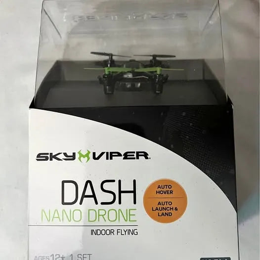 Sky Viper Dash Nano Drone packaging with drone and “Indoor Flying” text