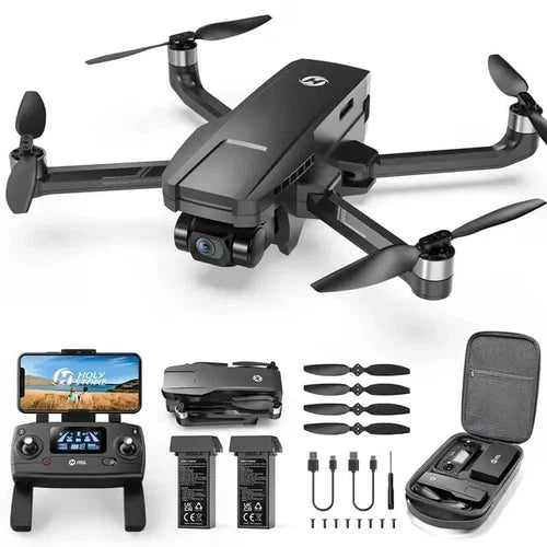 Black GPS drone with 4K camera, two-axis gimbal and foldable propellers, with controller kit