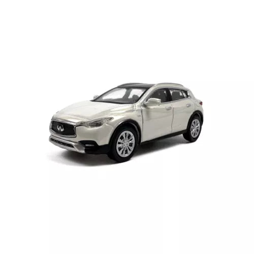 White diecast model car, front three-quarter view, detailed grille and wheels