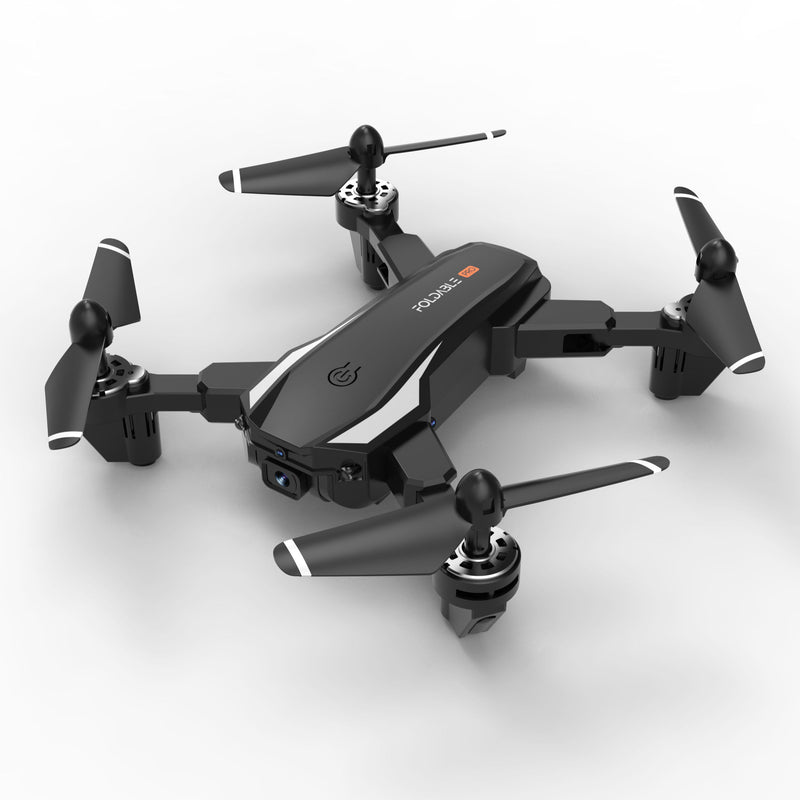 Black quadcopter drone with four propellers and front camera, long-range delivery style