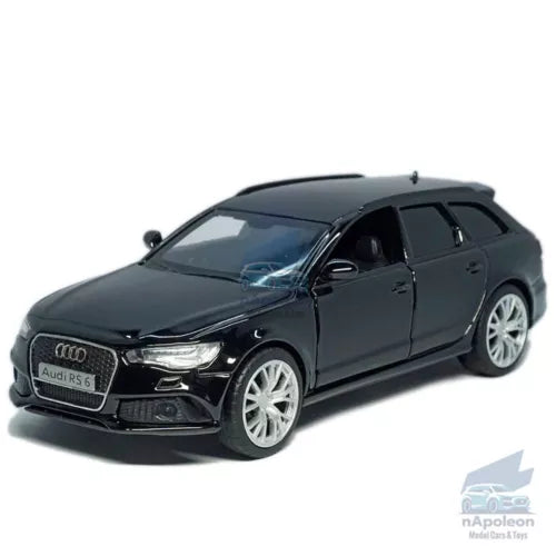 Black 1:36 Audi RS6 Avant diecast model car with openable doors, front 3/4 view