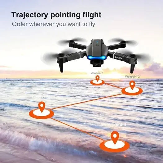 Quadcopter drone with four rotors, in-flight view