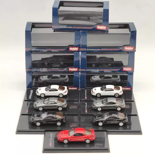 Toy diecast car set with red, white, and gray cars on display stands