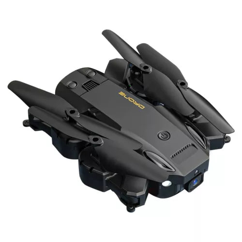 Black quadcopter drone with camera, compact body and four rotors