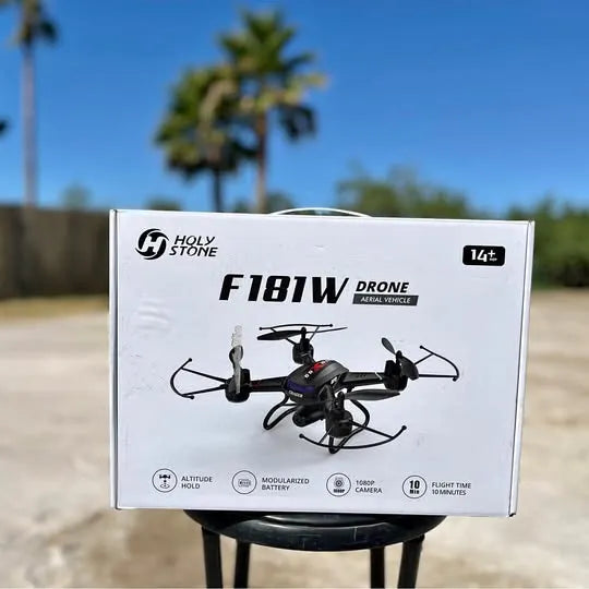 Holy Stone F18W aerial drone product box with quadcopter illustration