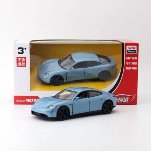 Light blue diecast sports car model toy, front view, black wheels