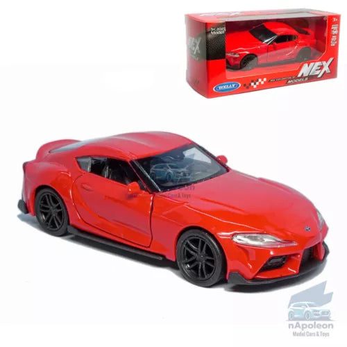 Toyota Supra red diecast model car with black wheels and front grille detail