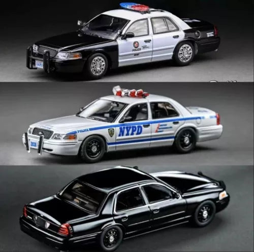 1:64 diecast police car models, three cars: white NYPD and two black cars