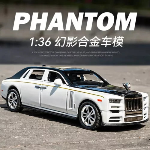 Diecast alloy model car toy, white sedan with chrome grille and clear headlights