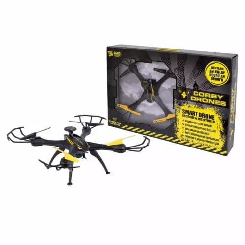 Foldable quadcopter drone with yellow accents and included retail box