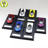 Diecast supercar model cars in red, white, yellow, blue, and purple on bases