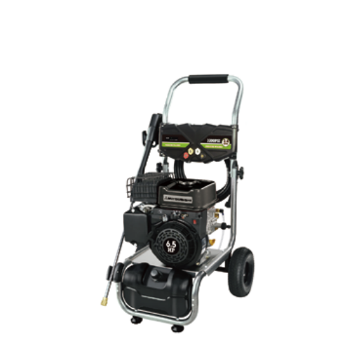 Gas pressure washer with black frame, wheels, and upright handle