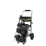 Gas pressure washer with black frame, wheels, and upright handle