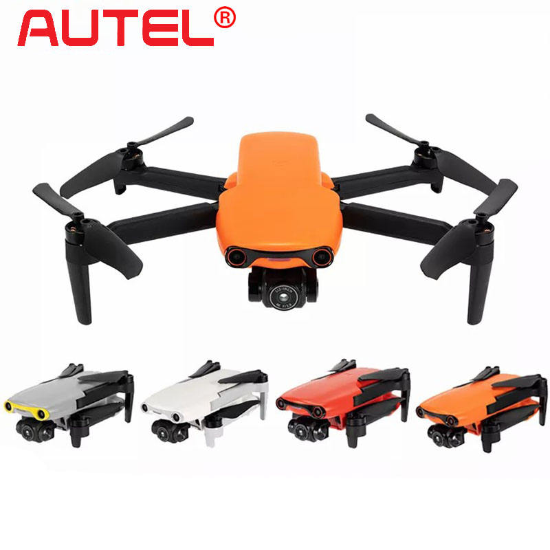 Orange mini quadcopter drone with front camera and four folding propellers