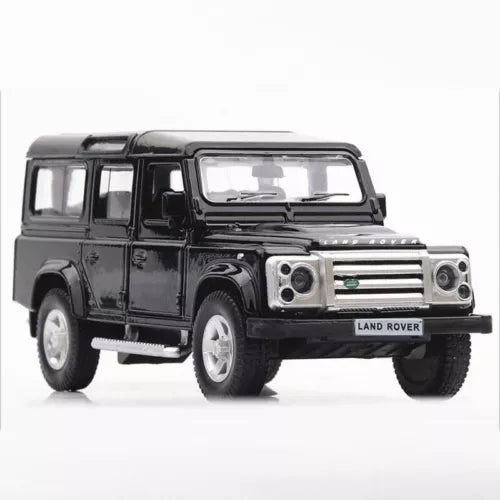 Black Land Rover Defender diecast model car toy with front grille and headlights