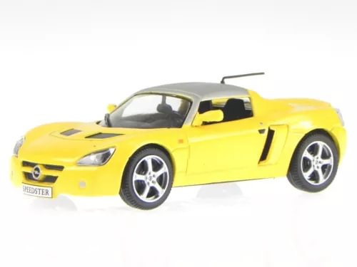 Opel Speedster diecast model car, yellow with black accents and chrome wheels