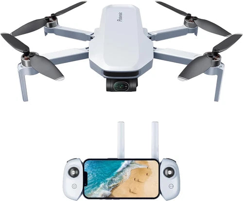 White quadcopter drone with 4-blade propellers and front camera, plus handheld controller