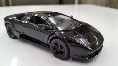 Black diecast toy car model with detailed body and front wheels