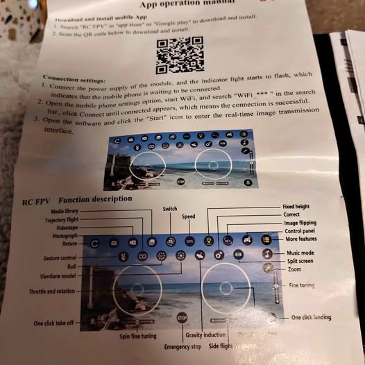 Drone instruction manual page with app operation diagram and QR code