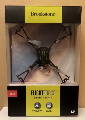 Brookstone Flight Force stunt drone retail box with quadcopter illustration
