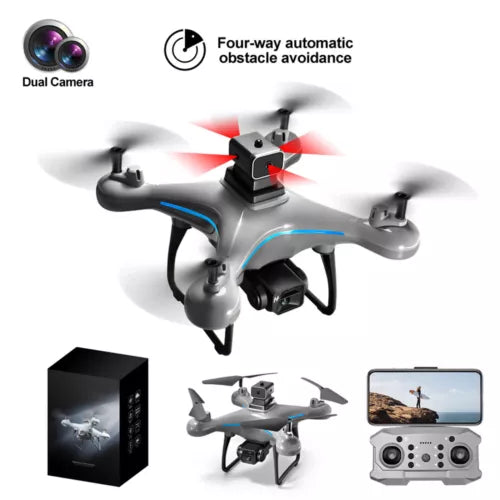 Grey quadcopter toy drone with dual camera and obstacle avoidance