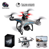 Grey quadcopter toy drone with dual camera and obstacle avoidance