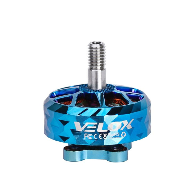 Blue anodized brushless DC outrunner motor with threaded shaft and VELoX logo