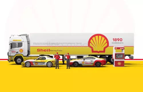 1:64 scale diecast vehicle model with Scania truck, sports car, and two figures
