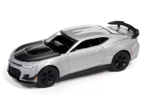 1:64 scale diecast sports car, silver-gray with black wheels and hood vents
