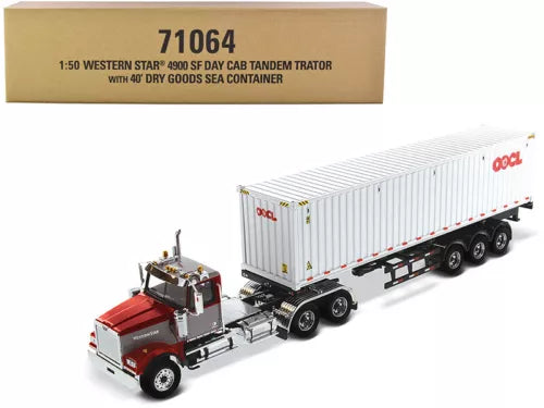Red diecast semi truck with OOCL cargo container, tandem cab and trailer.
