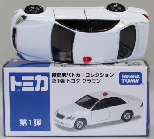 1:64 diecast metal sedan model car in white with black details, with Takara Tomy box