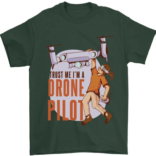 Men's cotton T-shirt in dark green with drone pilot graphic print