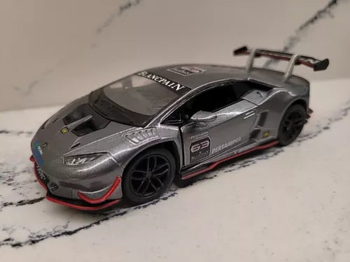 Grey Lamborghini Huracan diecast model car, 1:36 scale with rear wing