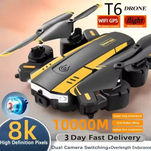 Foldable quadcopter drone with black and gray body and yellow accents, front view