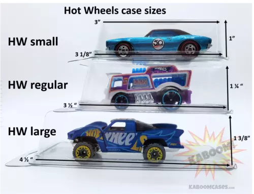 Hot Wheels plastic clamshell car cases with blue diecast cars, three sizes
