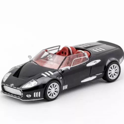 1/64 scale black diecast sports car toy with red interior, open cockpit