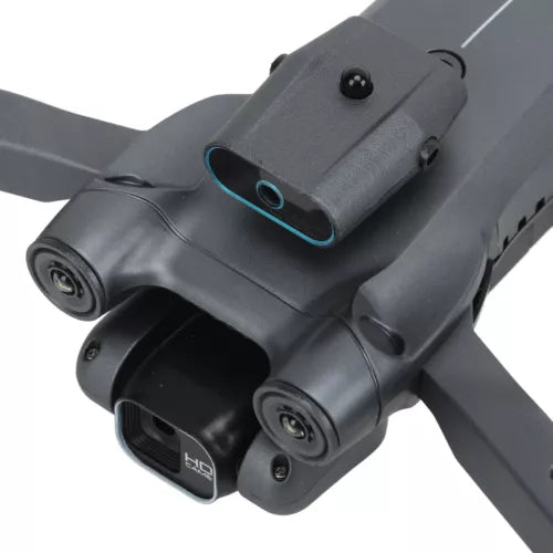 RC drone with dual front cameras and blue-accented black body
